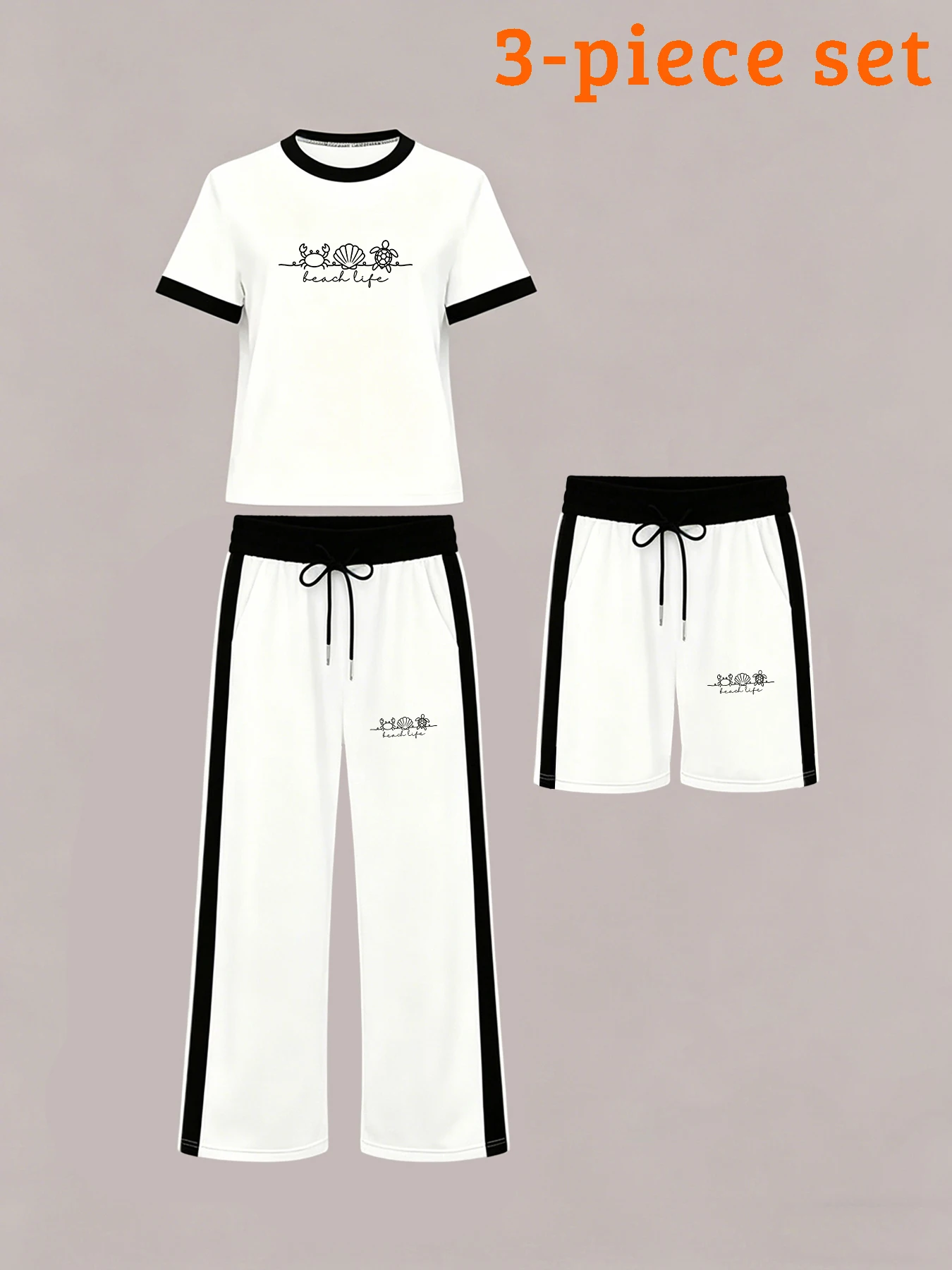 Vacation Fresh Summer Women's Three-Piece Set with Seaside Elements, Line Print, Contrasting Edges, Short-Sleeve T-Shirt, Shorts + Long Pants, Loose and Energetic Style, Round Neck T-Shirt, Straight-Leg Shorts Three-Piece Set, Summer Beach Walk Daily Wear
Vacation Fresh Summer Women's Three-Piece Set with Seaside Elements, Line Print, Contrasting Edges, Short-Sleeve T-Shirt, Shorts + Long Pants, Loose and Energetic Style, Round Neck T-Shirt, Straight-Leg Shorts Three-Piece Set, Summer Beach Walk Daily Wear