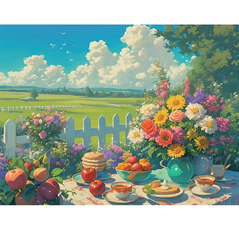 Countryside Picnic Table Floral Fruit Jigsaw Puzzle, Picket Fence Green Meadow Cloud Summer Pastoral Landscape Wall Decor Gift
Countryside Picnic Table Floral Fruit Jigsaw Puzzle, Picket Fence Green Meadow Cloud Summer Pastoral Landscape Wall Decor Gift