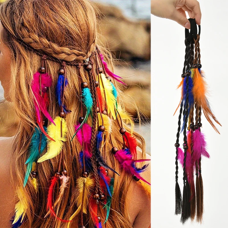 Hand woven colorful feather simulation wig braid Bohemian style rubber band hair accessory suitable for women's parties
Hand woven colorful feather simulation wig braid Bohemian style rubber band hair accessory suitable for women's parties