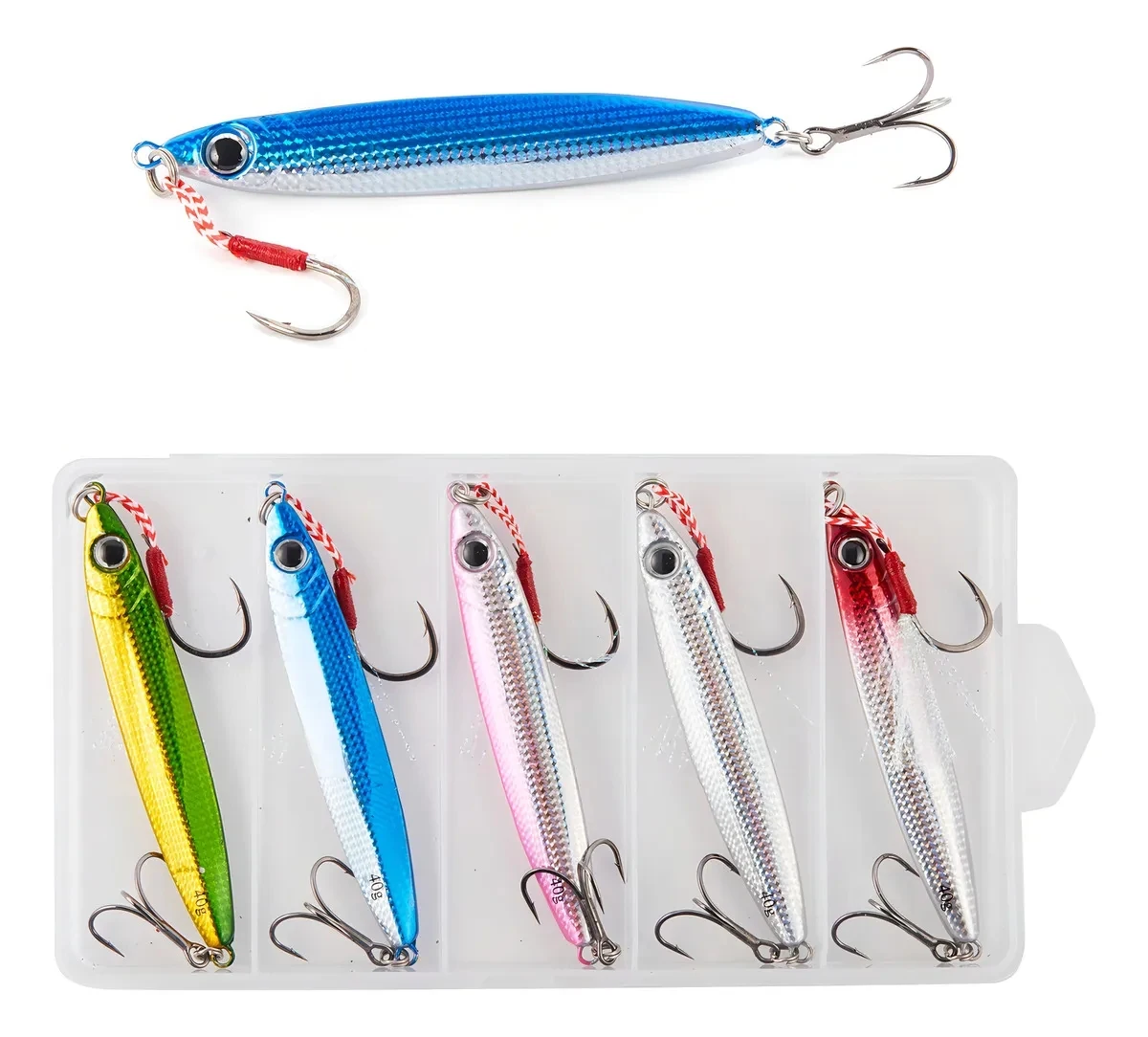5Pcs Metal Jig Lure Kit 40g Long-Handled Lead-Headed Hook Colored Luya Bait Falling Iron Plate Luya Bait Iron Plate Bait Set
5Pcs Metal Jig Lure Kit 40g Long-Handled Lead-Headed Hook Colored Luya Bait Falling Iron Plate Luya Bait Iron Plate Bait Set