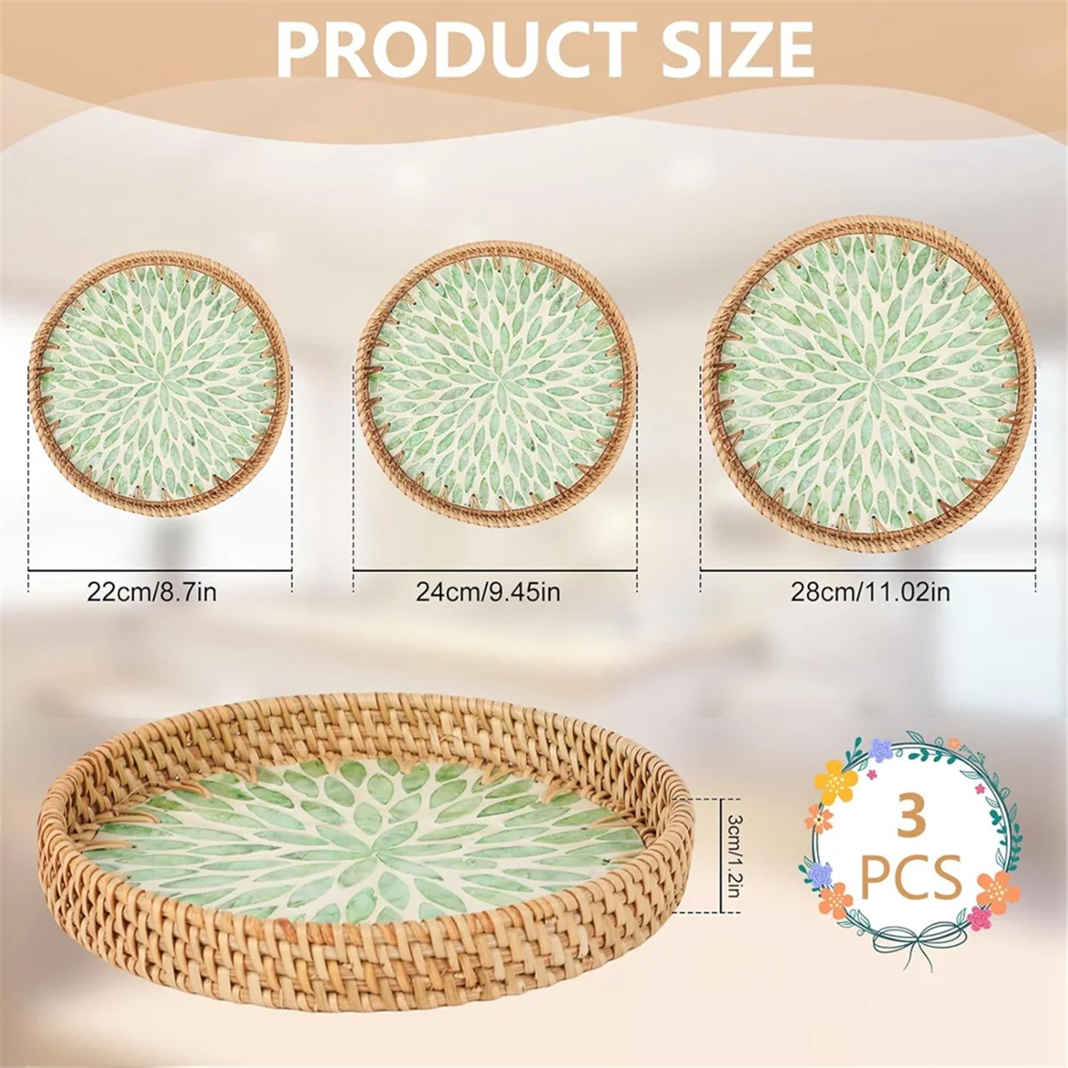 B43C 3Pcs Round Rattan Wicker Tray with Mother of Pearl Inlay Boho Rattan Tray Round Wicker Trays Coffee Table Trays
B43C 3Pcs Round Rattan Wicker Tray with Mother of Pearl Inlay Boho Rattan Tray Round Wicker Trays Coffee Table Trays