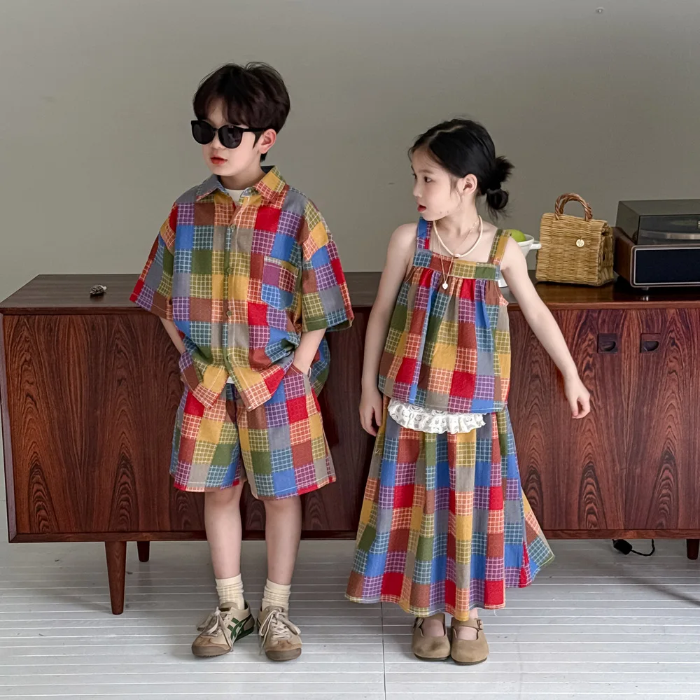 2026 Summer New Children Short Sleeve Clothes Set Boys Shorts Suit Girls Plaid Sling + Skirts Set Kids Brother Sister Outfits
2026 Summer New Children Short Sleeve Clothes Set Boys Shorts Suit Girls Plaid Sling + Skirts Set Kids Brother Sister Outfits