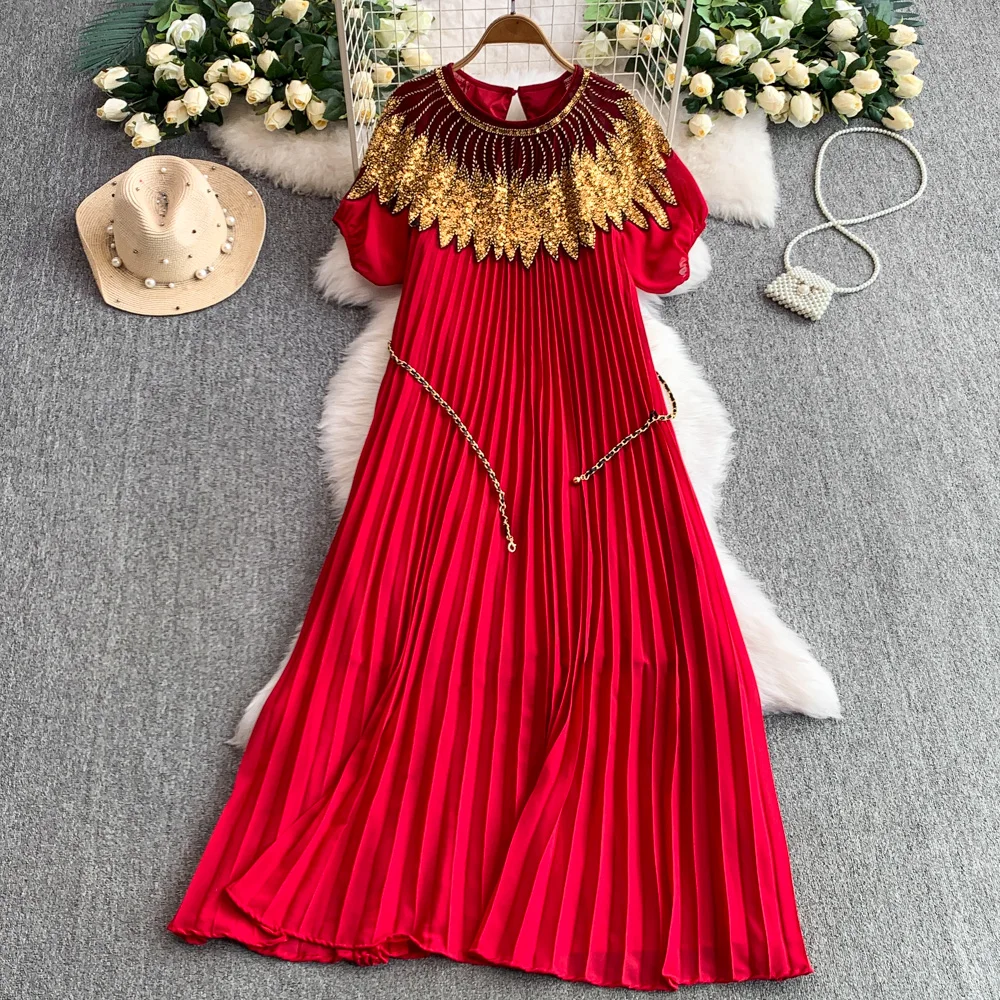 New Summer Women Short Sleeve Chain Slim Long Dress High Quality Fashion Golden Beading Sequined Pleated Big Hem Chiffon Dress
New Summer Women Short Sleeve Chain Slim Long Dress High Quality Fashion Golden Beading Sequined Pleated Big Hem Chiffon Dress