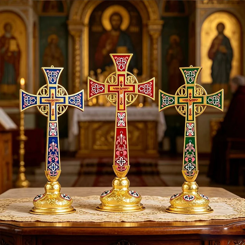 Gold Plated Orthodox Standing Cross Set with Colorful Enamel Floral Accents for Church Altar Liturgical Prayer Religious Service
Gold Plated Orthodox Standing Cross Set with Colorful Enamel Floral Accents for Church Altar Liturgical Prayer Religious Service