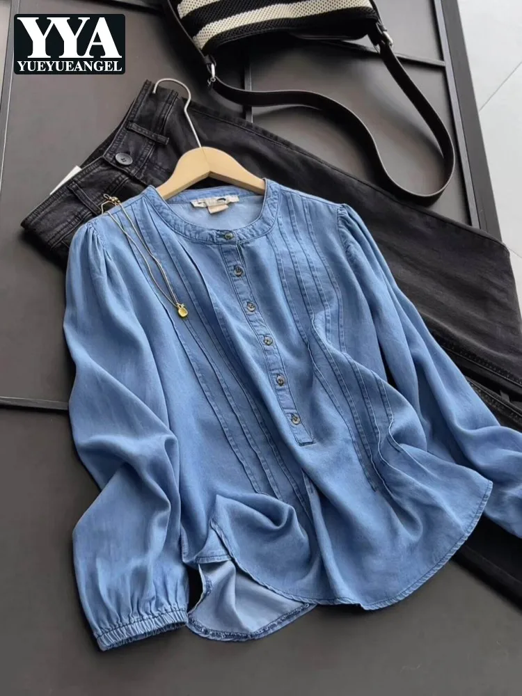 Spring Summer Womens Casual Long Sleeve Pullover Pleated Shirts Blue O Neck Retro Soft Lyocell Denim Shirt Loose Breathable Tops
Spring Summer Womens Casual Long Sleeve Pullover Pleated Shirts Blue O Neck Retro Soft Lyocell Denim Shirt Loose Breathable Tops