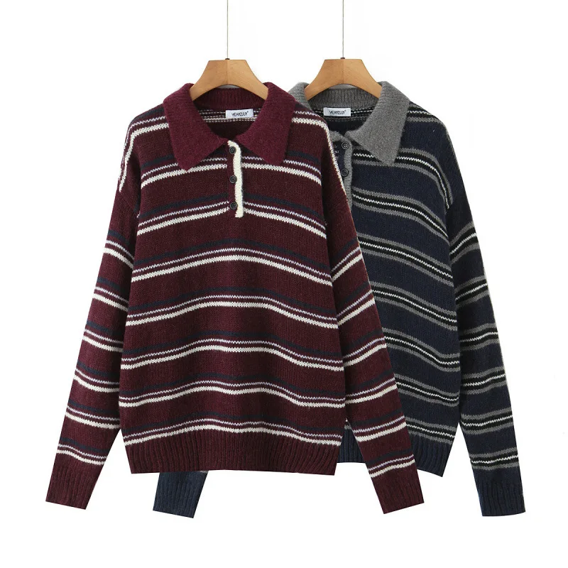 Autumn American Retro Loose Lazy Polo Collar Sweater Women Vintage Striped Knitted Shirt Casual Style Female Top
Autumn American Retro Loose Lazy Polo Collar Sweater Women Vintage Striped Knitted Shirt Casual Style Female Top