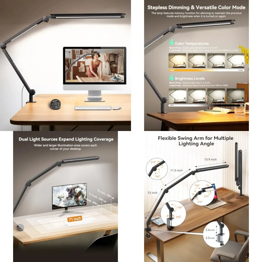 LED Desk Lamp with Clamp, Architect Desk Lamp with Remote, Flexible Swing Arm Desk Light with Dual LED Light, Stepless Dimming,
LED Desk Lamp with Clamp, Architect Desk Lamp with Remote, Flexible Swing Arm Desk Light with Dual LED Light, Stepless Dimming,