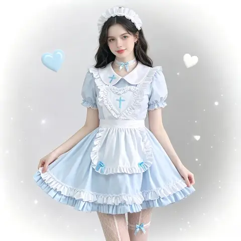 スカイブルークロスデザインメイドドレス甘いクラシックサーバント制服女性衣装仮面舞踏会テーマステージパーティーハロウィンコスプレ