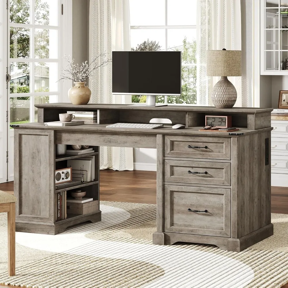 55'' Farmhouse Executive Desk with Drawers, Home Office Desk with File Cabinet and Storage Shelf, Charging Station, Computer Des
55'' Farmhouse Executive Desk with Drawers, Home Office Desk with File Cabinet and Storage Shelf, Charging Station, Computer Des
