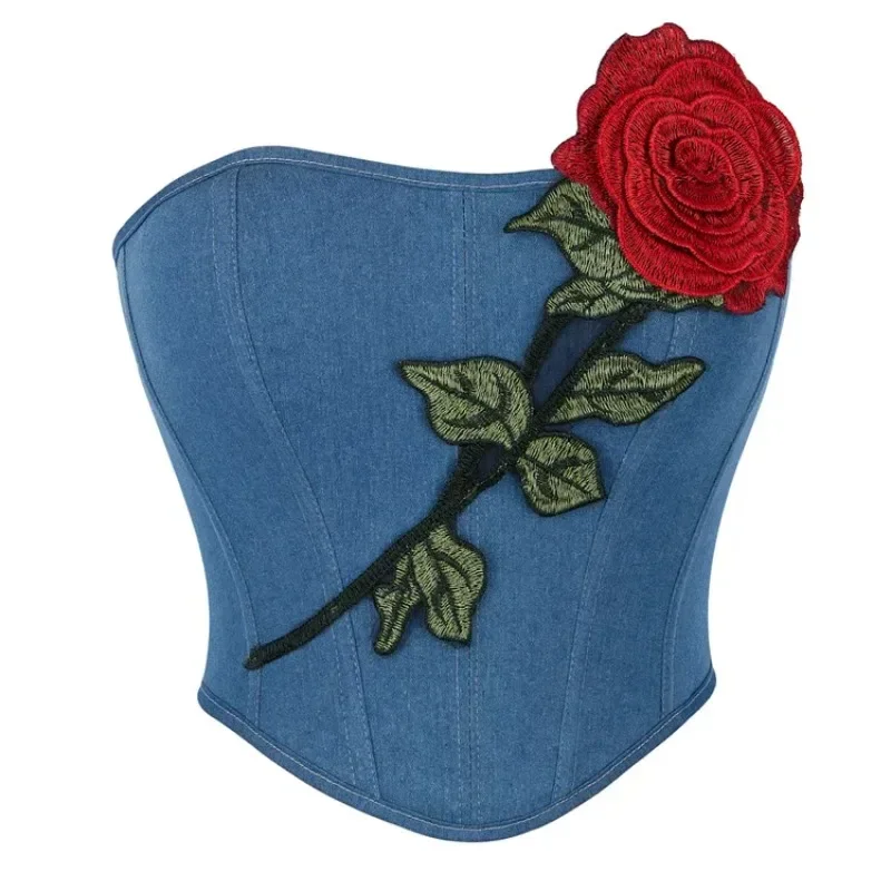 Blue Denim Rose Embroidery Elegant Corset Tops Women Summer Slim Overbust Bustier Shapewear Lingerie Party Streetwear Vest
Blue Denim Rose Embroidery Elegant Corset Tops Women Summer Slim Overbust Bustier Shapewear Lingerie Party Streetwear Vest