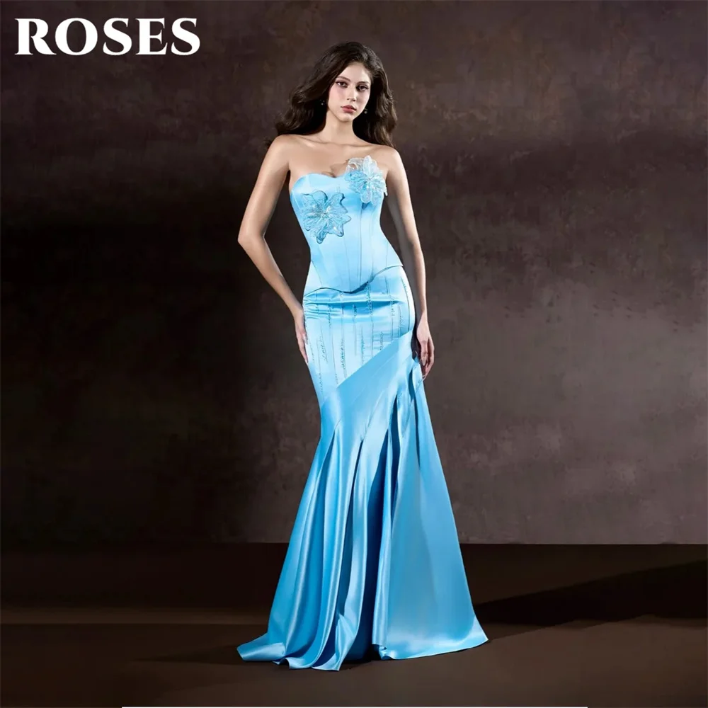 ROSES Blue Prom Dresses Strapless Evening Dress Mermaid Satin Party Dress with 3D Floral vestidos de fiesta Simple Customized
ROSES Blue Prom Dresses Strapless Evening Dress Mermaid Satin Party Dress with 3D Floral vestidos de fiesta Simple Customized