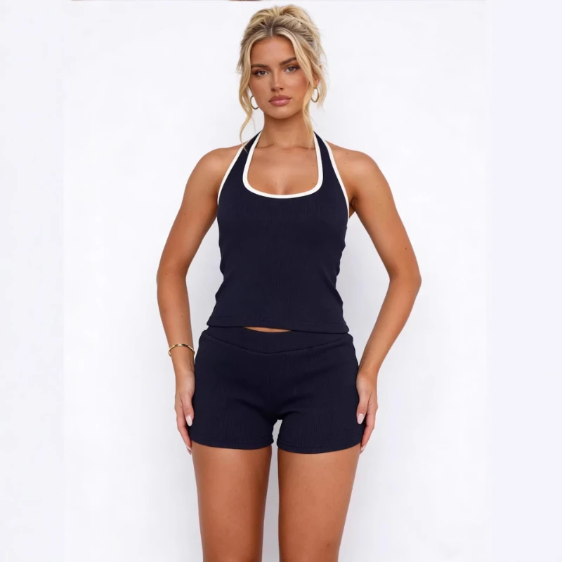 2026 Summer Hot Selling New Hanging Neck Color Blocked Sports Vest and Shorts Two-piece Set for Women
2026 Summer Hot Selling New Hanging Neck Color Blocked Sports Vest and Shorts Two-piece Set for Women
