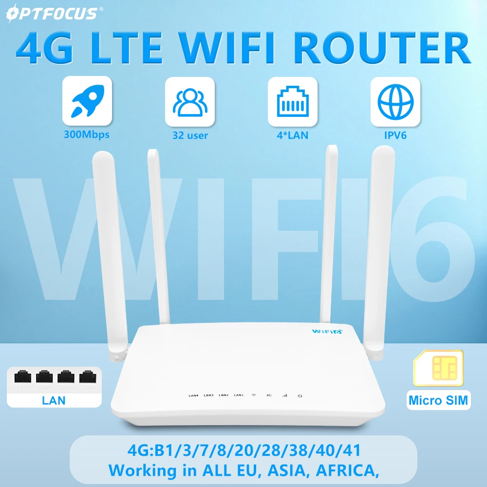 OPTFOCUS 4G LTE WIFI Router 300Mbps WIFI6 SIM Card Router 2.4Ghz Wireless 4 Ethernet LAN Port Mobile 4G WIFI Modem Router
OPTFOCUS 4G LTE WIFI Router 300Mbps WIFI6 SIM Card Router 2.4Ghz Wireless 4 Ethernet LAN Port Mobile 4G WIFI Modem Router