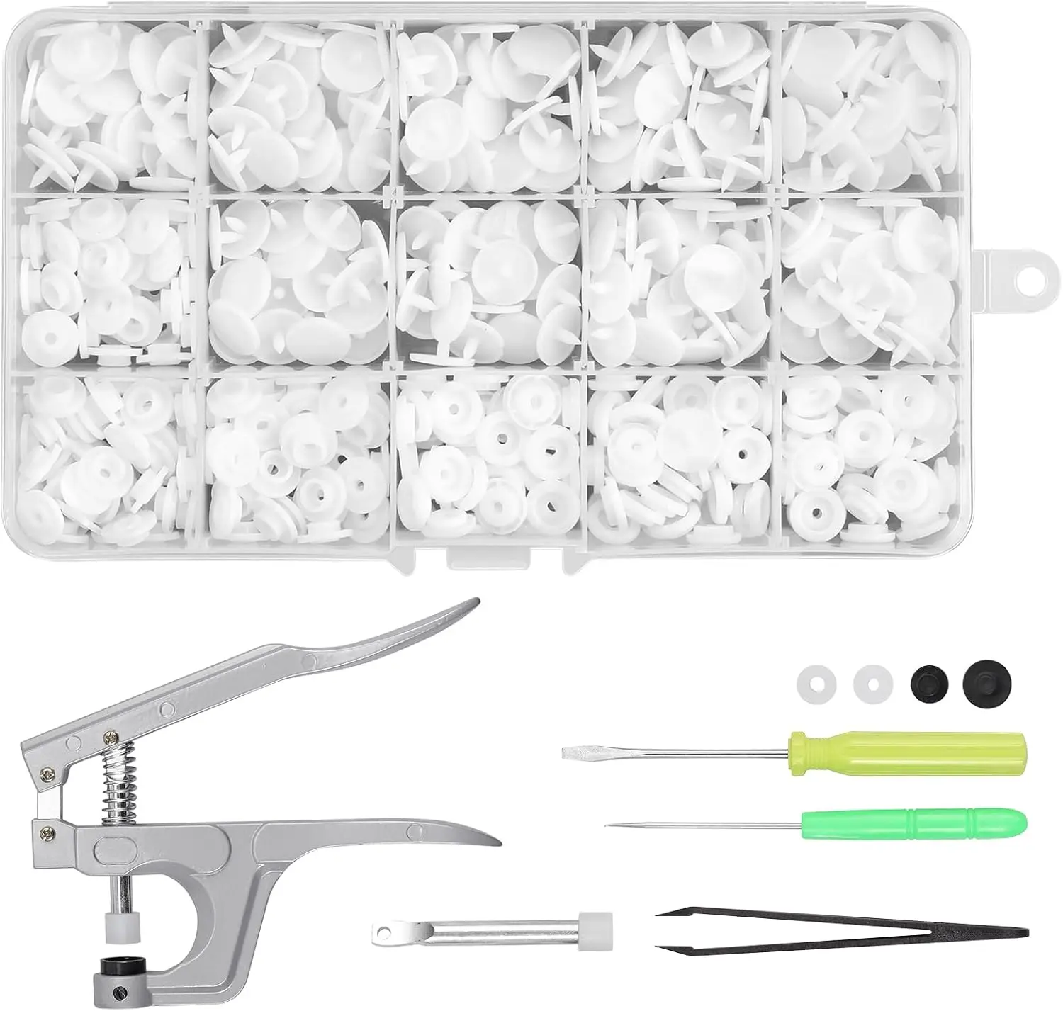 120 Sets T5 Plastic Snap Buttons White with Snap Pliers Set for Clothes Sewing DIY Crafting
120 Sets T5 Plastic Snap Buttons White with Snap Pliers Set for Clothes Sewing DIY Crafting