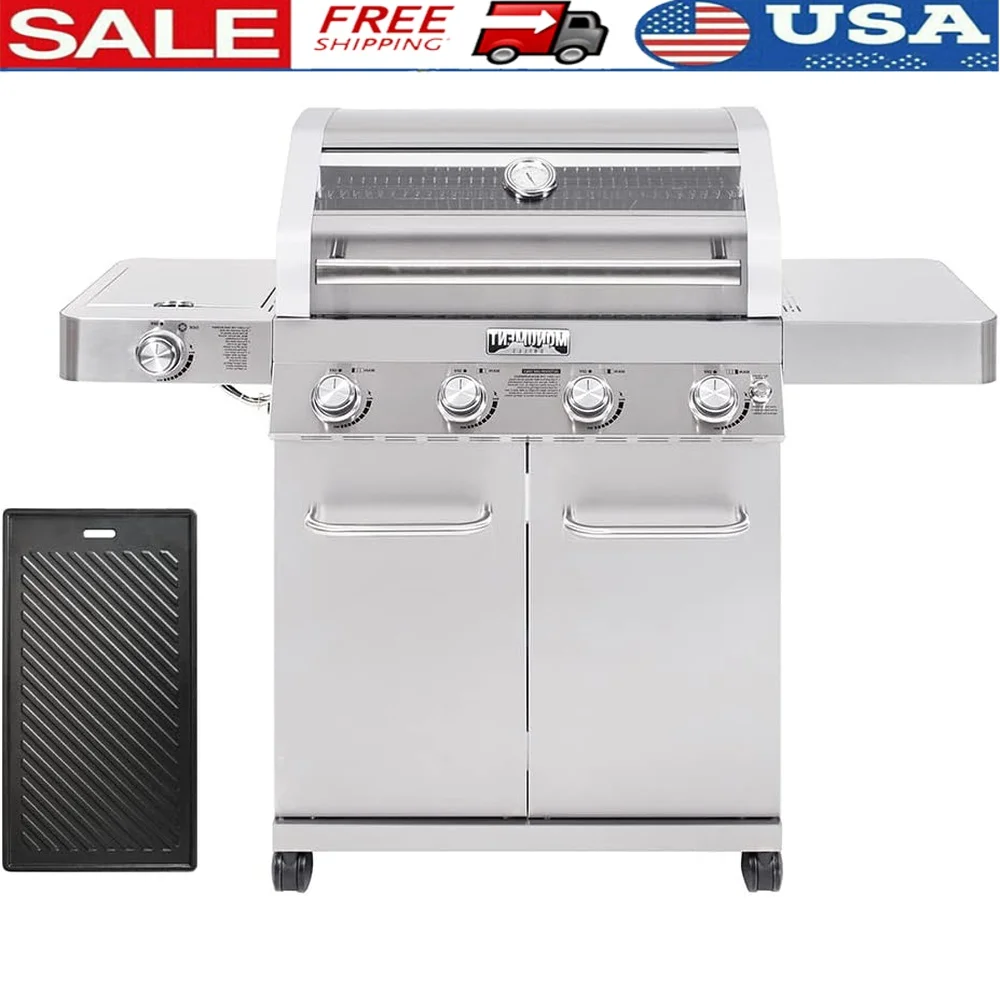 Larger Convertible 4-Burner Gas Grill Natural Propane Dual-Fuel Stainless Steel Cabinet BBQ Grill with Cooking Plate 723 Sq In
Larger Convertible 4-Burner Gas Grill Natural Propane Dual-Fuel Stainless Steel Cabinet BBQ Grill with Cooking Plate 723 Sq In