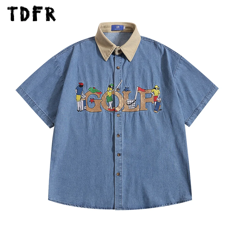 Letter Embroidery Denim Short Sleeve Shirts Mens Summer Streetwear Spliced Lapel Single Breasted Half-Sleeve Shirts Men
Letter Embroidery Denim Short Sleeve Shirts Mens Summer Streetwear Spliced Lapel Single Breasted Half-Sleeve Shirts Men