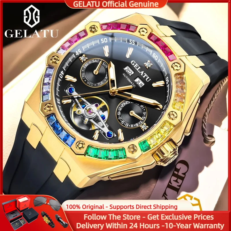 GELATU 6022 Men Watch Luxury Skeleton Flywheel Automatic Mechanical Watch Diamond Waterproof Silicone Strap Men Brand Watch Gift
GELATU 6022 Men Watch Luxury Skeleton Flywheel Automatic Mechanical Watch Diamond Waterproof Silicone Strap Men Brand Watch Gift