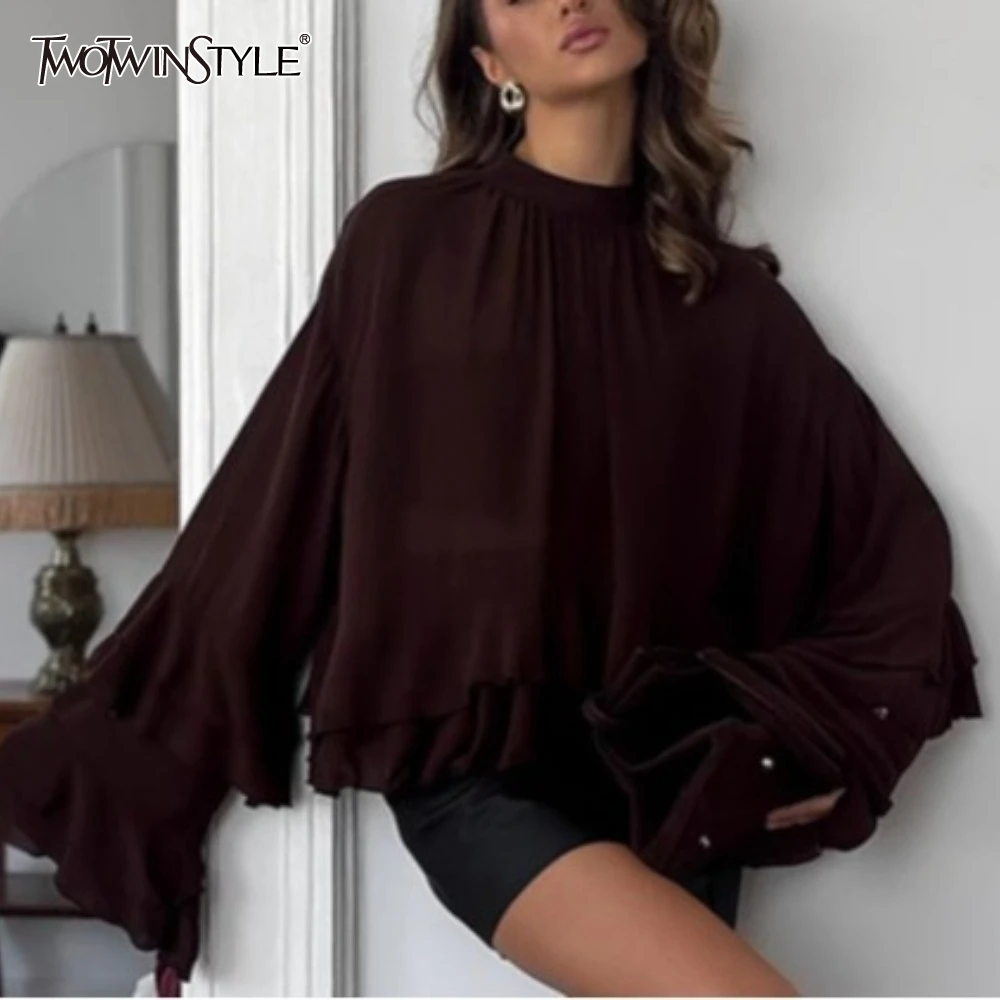 TWOTWINSTYLE Solid Spliced Ruffles for Women O Neck Long Sleeveless Loose Casual Temperament Shirts Female New
TWOTWINSTYLE Solid Spliced Ruffles for Women O Neck Long Sleeveless Loose Casual Temperament Shirts Female New