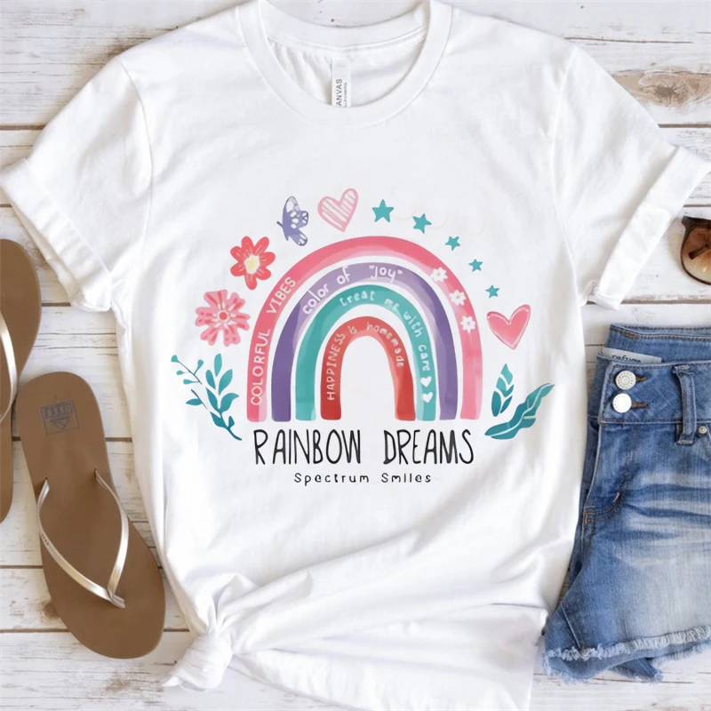 Rainbow Dreams Colorful Spectrum Printed Summer Casual T-Shirt Trendy Top Tee Fashion Basic Women's Short Sleeved O-Neck Tee
Rainbow Dreams Colorful Spectrum Printed Summer Casual T-Shirt Trendy Top Tee Fashion Basic Women's Short Sleeved O-Neck Tee