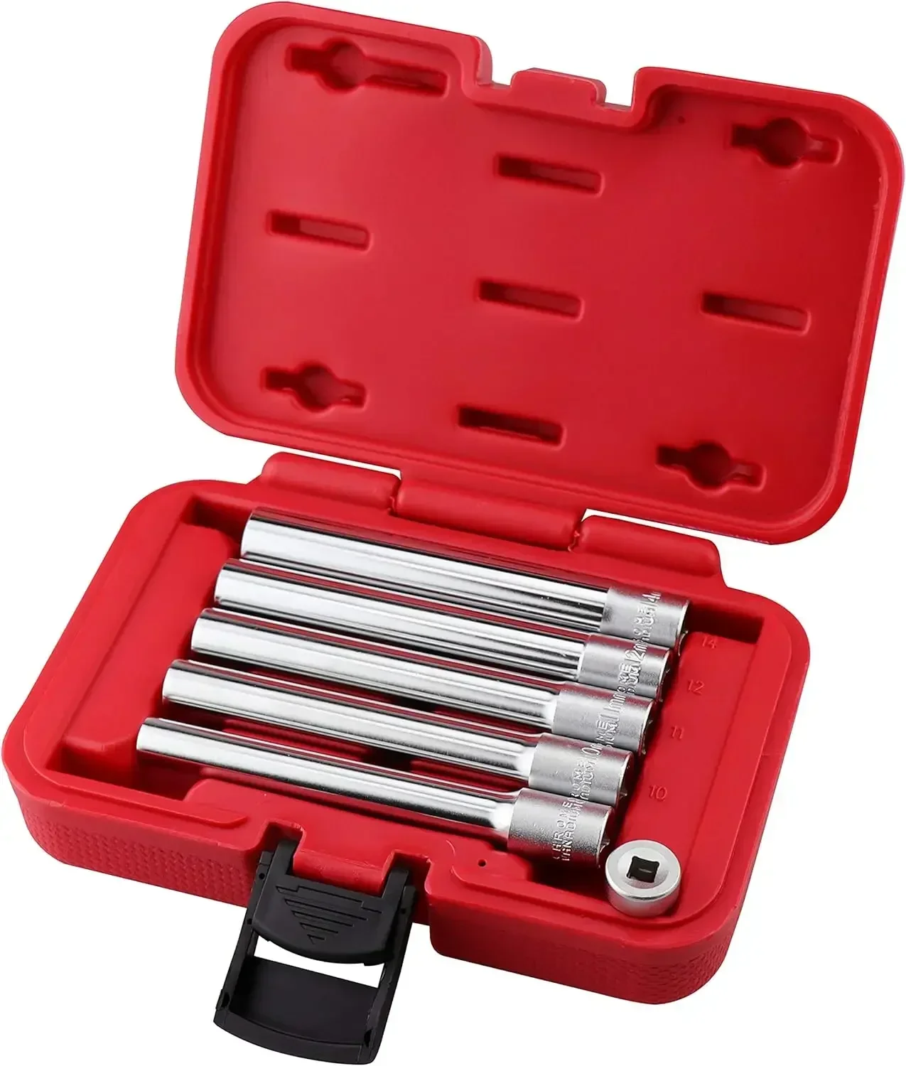 6PCS 3/8-Inch Drive Deep Metric Socket Set 6PT 8-10-11-12-14MM W 1/4-Inch Adapter- Extra Long Deep 120MM
6PCS 3/8-Inch Drive Deep Metric Socket Set 6PT 8-10-11-12-14MM W 1/4-Inch Adapter- Extra Long Deep 120MM