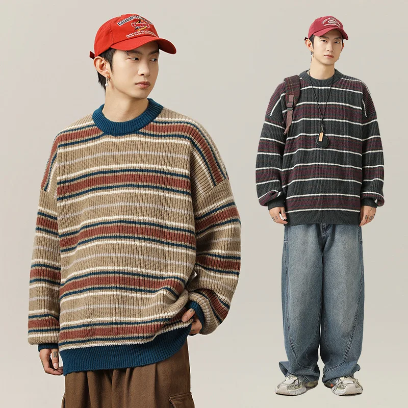 Stripe Crewneck Sweater Men, Vintage Color Block Coarse Knit, Loose Fit Soft Pullover Jacket Coarse Knit Soft Coat
Stripe Crewneck Sweater Men, Vintage Color Block Coarse Knit, Loose Fit Soft Pullover Jacket Coarse Knit Soft Coat