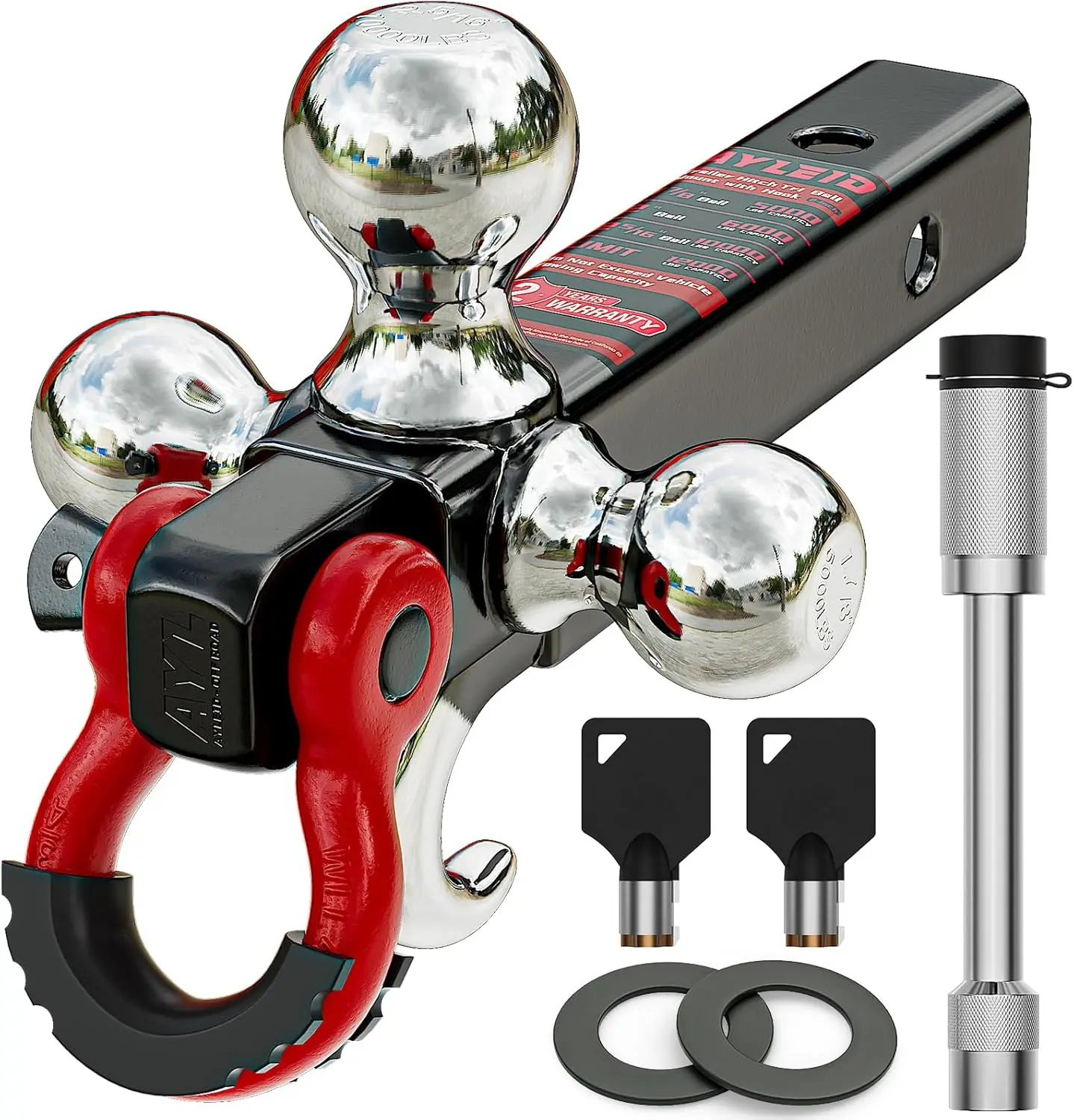 Tri-Ball Trailer Hitch Mount with Hook, Pin & Rotatable Shackle for 2-In Receiver, 1-7/8, 2, 2-5/16 Hitch Balls with Anti-Theft
Tri-Ball Trailer Hitch Mount with Hook, Pin & Rotatable Shackle for 2-In Receiver, 1-7/8, 2, 2-5/16 Hitch Balls with Anti-Theft