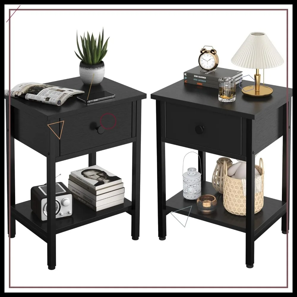 Nightstands Set of 2 with Drawers, Bedside Table with Shelf, Heavy Duty End Table for Living Room Bedroom, Black
Nightstands Set of 2 with Drawers, Bedside Table with Shelf, Heavy Duty End Table for Living Room Bedroom, Black