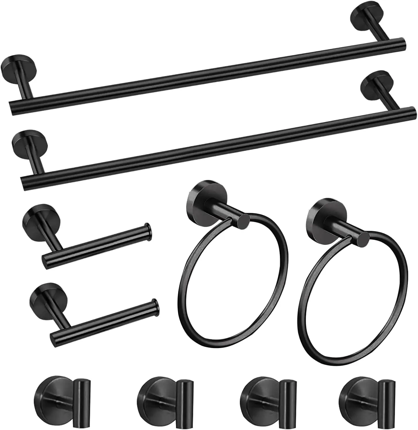 10 Piece Matte Black Bathroom Accessories Set, 24in Towel Bar Ring+Toilet Paper Holder+Hook, SUS304 Stainless Steel Hardware
10 Piece Matte Black Bathroom Accessories Set, 24in Towel Bar Ring+Toilet Paper Holder+Hook, SUS304 Stainless Steel Hardware