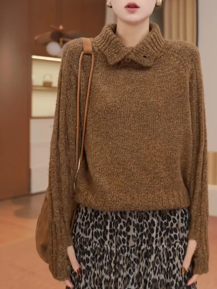 Корейский повседневный коричневый вязаный свитер большого размера с отложным воротником, элегантный топ, женское осеннее шерстяное пальто, новинка
Корейский повседневный коричневый вязаный свитер большого размера с отложным воротником, элегантный топ, женское осеннее шерстяное пальто, новинка