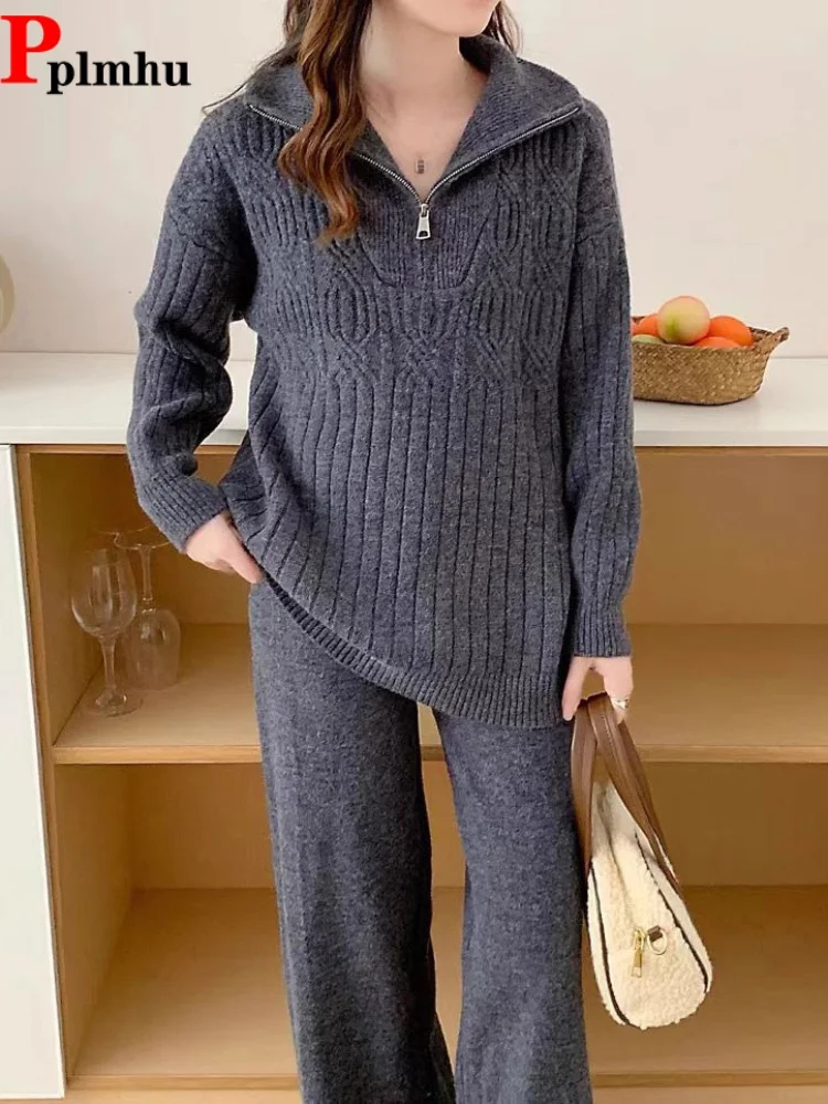 Korean Fashion Sweater Knitted 2 Piece Set Women's Casual Zipper Lapel Sweater Conjuntos High Waisted Straight Pants Ensembles
Korean Fashion Sweater Knitted 2 Piece Set Women's Casual Zipper Lapel Sweater Conjuntos High Waisted Straight Pants Ensembles