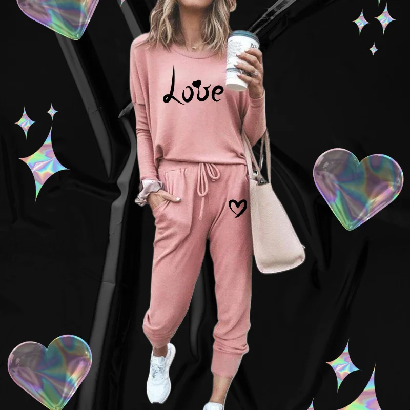 Ladies Outfits Cute Love Heart Printed Fashion Long Sleeve O-neck Pullover and Casual Pants 2 Pieces Set Women's Jogging Suit
Ladies Outfits Cute Love Heart Printed Fashion Long Sleeve O-neck Pullover and Casual Pants 2 Pieces Set Women's Jogging Suit