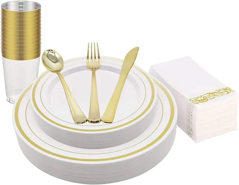 25 People 175pc Disposable Tableware Transparent Gold Plastic Tray With Disposable Silver Glasses Birthday Party Supplies
25 People 175pc Disposable Tableware Transparent Gold Plastic Tray With Disposable Silver Glasses Birthday Party Supplies