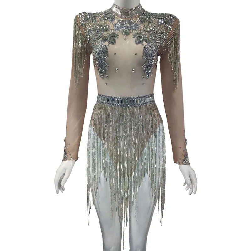 Female singer's sexy net sheer see through luxurious diamond chain one piece dress for stage performance
Female singer's sexy net sheer see through luxurious diamond chain one piece dress for stage performance