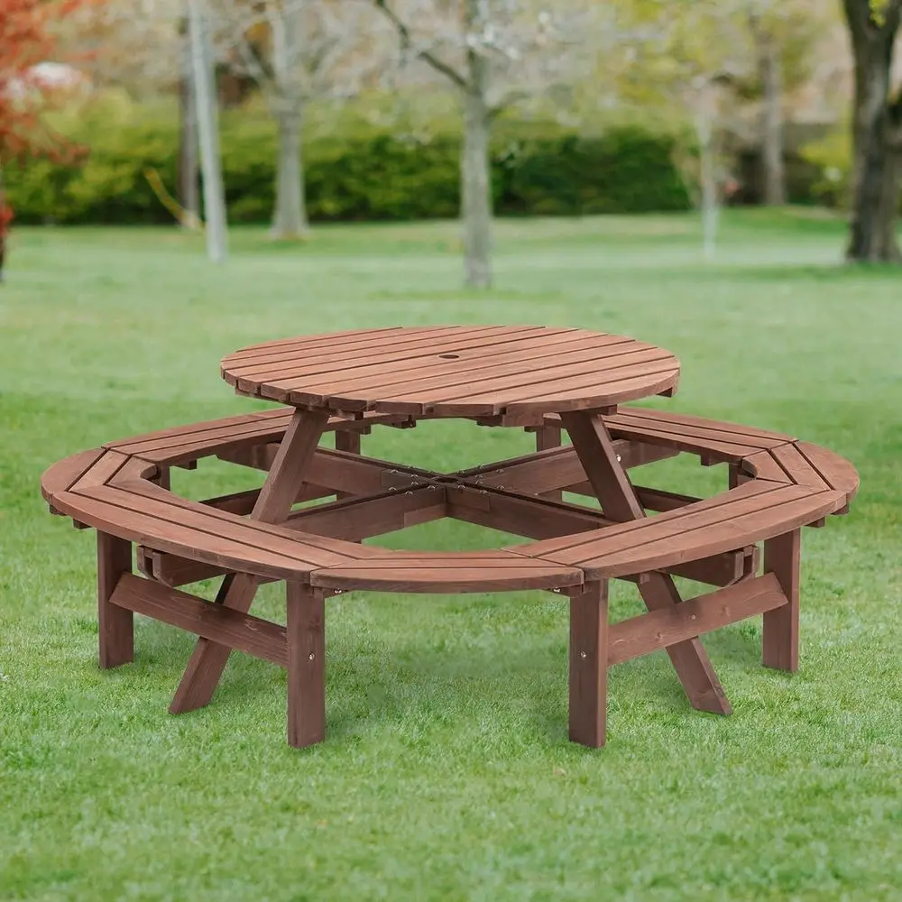 10-Person Round Outdoor Wooden Picnic Table Set with Benches and Umbrella Hole, Brown
10-Person Round Outdoor Wooden Picnic Table Set with Benches and Umbrella Hole, Brown