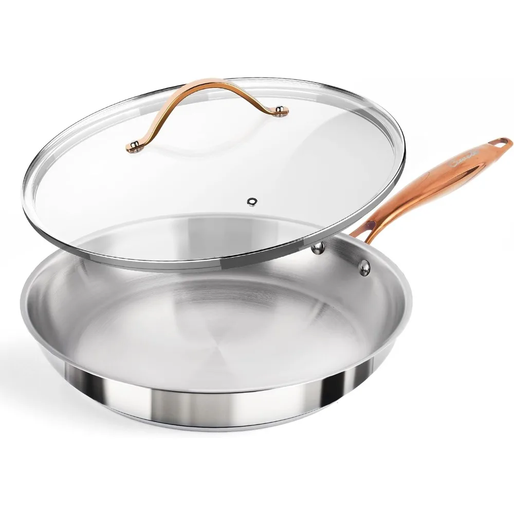 Tri-Ply Stainless Steel Frying Pan with Lid, Professional Quality Skillet Suitable for All Stove, Oven and Dishwasher Safe
Tri-Ply Stainless Steel Frying Pan with Lid, Professional Quality Skillet Suitable for All Stove, Oven and Dishwasher Safe