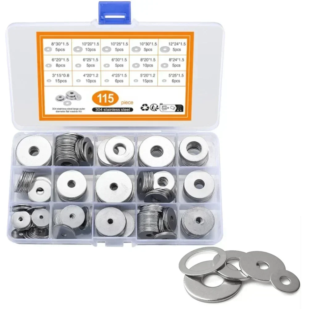 115pcs Flat Washers 304 Stainless Steel Washer 15 Size Washer Gasket Kit For Electrical Connections Car Ship Assembly Furniture
115pcs Flat Washers 304 Stainless Steel Washer 15 Size Washer Gasket Kit For Electrical Connections Car Ship Assembly Furniture