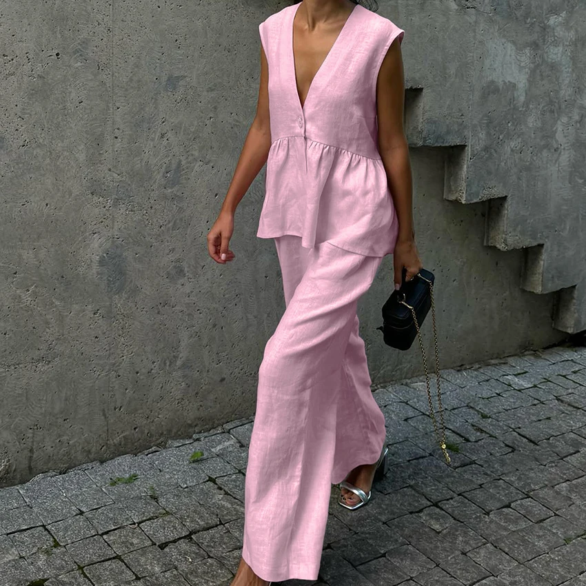 Linad Sexy Pink Sleeveless Tops 2 Piece Sets Woman Plunging Neckline Pocket Summer Pant Set Ruffles Button Fold Office Lady Suit
Linad Sexy Pink Sleeveless Tops 2 Piece Sets Woman Plunging Neckline Pocket Summer Pant Set Ruffles Button Fold Office Lady Suit