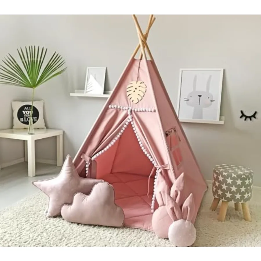 Indoor play teepee for children, cotton canvas material, pink color, portable and easy to assemble with white pom pom decoratio
Indoor play teepee for children, cotton canvas material, pink color, portable and easy to assemble with white pom pom decoratio
