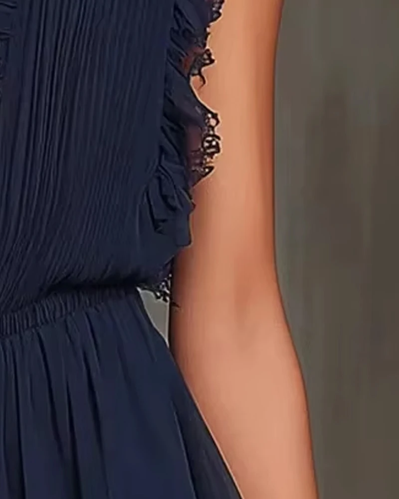 Women's Sleeveless Lace Trim Mini Dress Solid Summer Deep V Neck Ruffle Sheer Mesh Short Dress For Leisure Sexy Party Clothing
Women's Sleeveless Lace Trim Mini Dress Solid Summer Deep V Neck Ruffle Sheer Mesh Short Dress For Leisure Sexy Party Clothing
