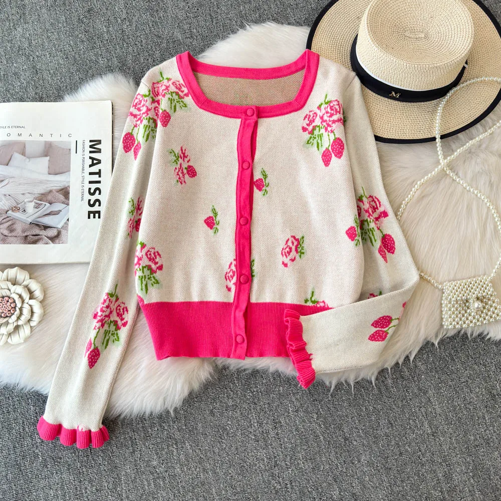 Spring Fall Sweet Strawberry Jacquard Knitted Cardigan Women's Square Collar Ruffled Sleeve Slimming Sweater Jacket Tops
Spring Fall Sweet Strawberry Jacquard Knitted Cardigan Women's Square Collar Ruffled Sleeve Slimming Sweater Jacket Tops
