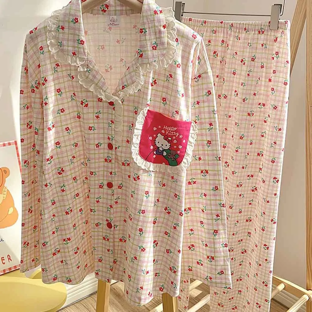 Kawaii Hello Kitty Lace Long Sleeve Trousers Pajamas Set Women Spring Autumn Anime Sanrio Girl's Heart Cute Home Clothing Set
Kawaii Hello Kitty Lace Long Sleeve Trousers Pajamas Set Women Spring Autumn Anime Sanrio Girl's Heart Cute Home Clothing Set