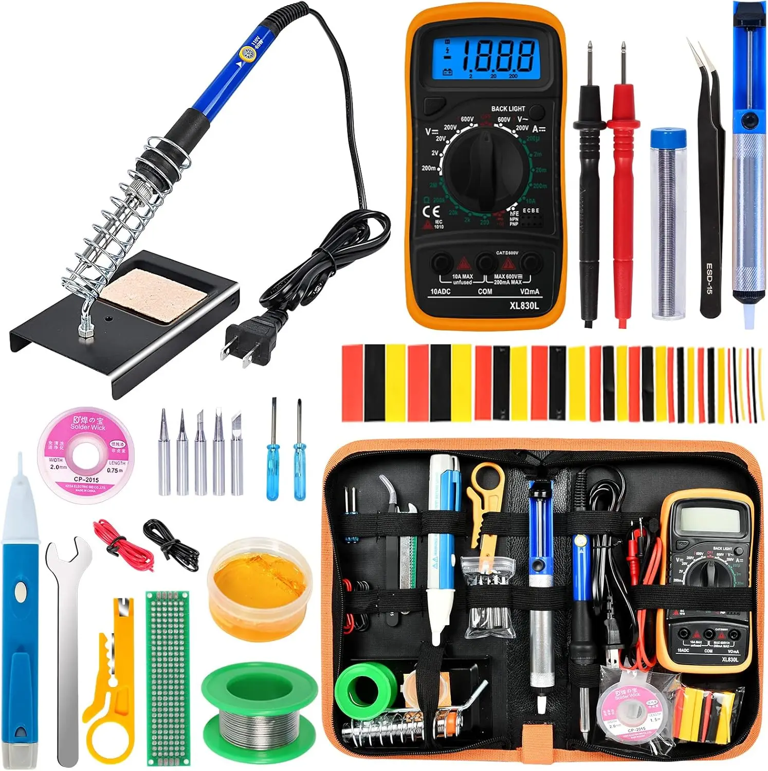 Soldering Iron Kit, 60W Adjustable Temperature, Digital Multimeter, 5pcs Tips, Desoldering Pump, Wire, Stand, Tweezers, Welding
Soldering Iron Kit, 60W Adjustable Temperature, Digital Multimeter, 5pcs Tips, Desoldering Pump, Wire, Stand, Tweezers, Welding