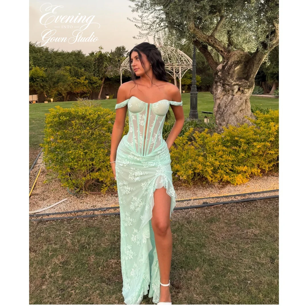 EGS Customized Mint Green Off Shoulder Prom Dress with Lace Corset Bodice and High Slit vestidos de noche Formal Evening Gown
EGS Customized Mint Green Off Shoulder Prom Dress with Lace Corset Bodice and High Slit vestidos de noche Formal Evening Gown