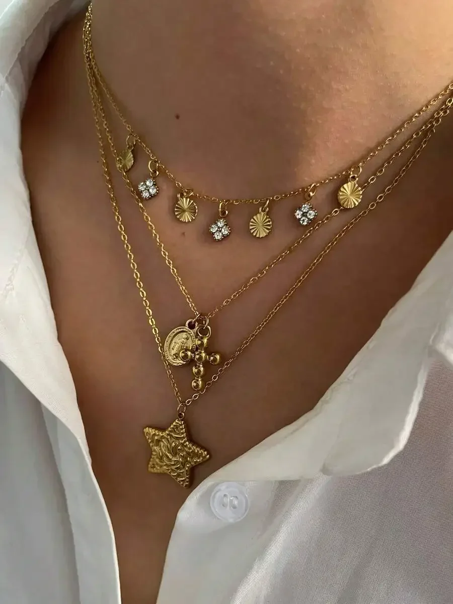 Stainless Steel Layered Pendant Necklace With Star Cross Portrait Charms Fashion Minimalist
Stainless Steel Layered Pendant Necklace With Star Cross Portrait Charms Fashion Minimalist