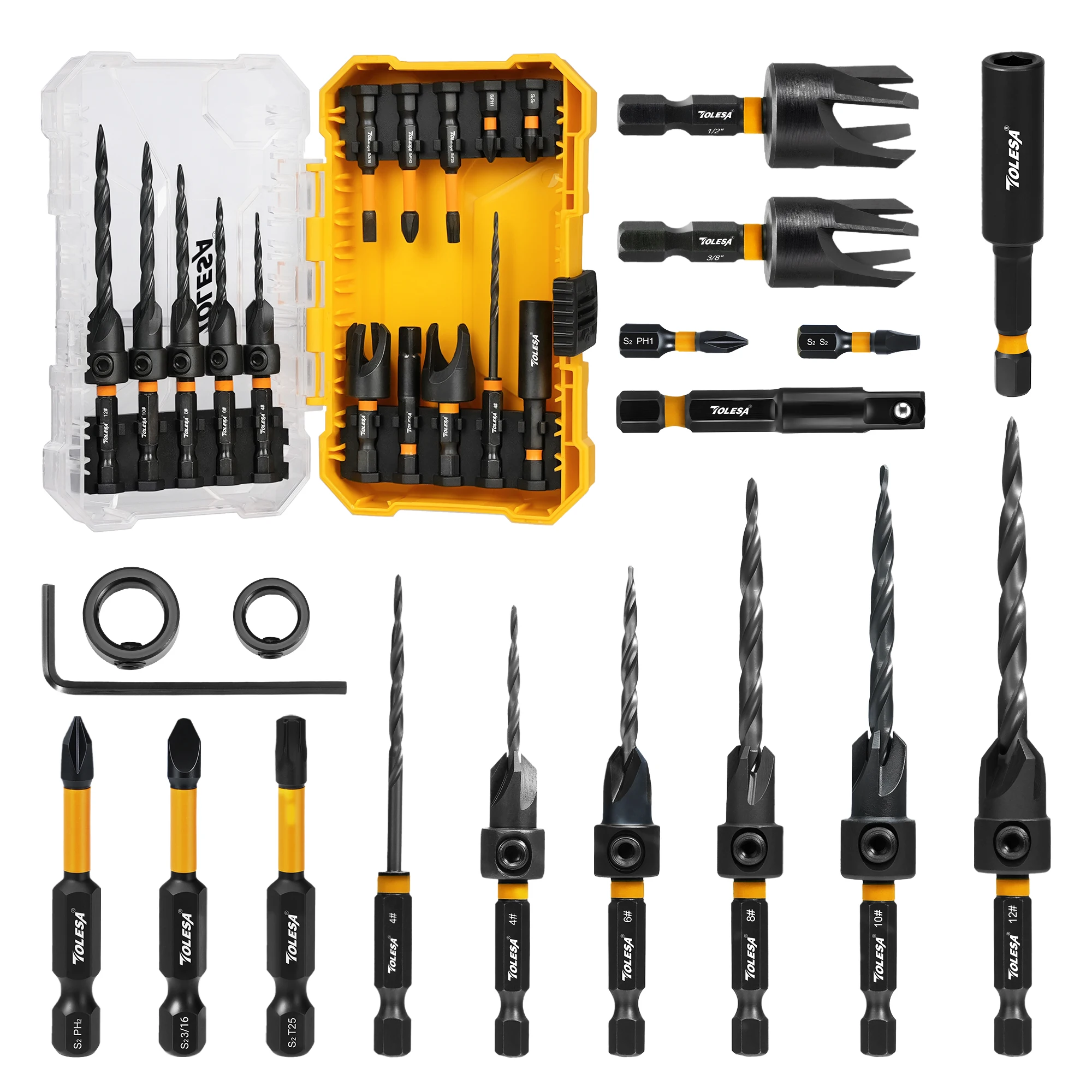 TOLESA 18PCS Countersink Drill Bit Set, Tapered Counter Sink Drill Bit for Wood with 2PC Wood Plug Cutters, with Storage Box
TOLESA 18PCS Countersink Drill Bit Set, Tapered Counter Sink Drill Bit for Wood with 2PC Wood Plug Cutters, with Storage Box