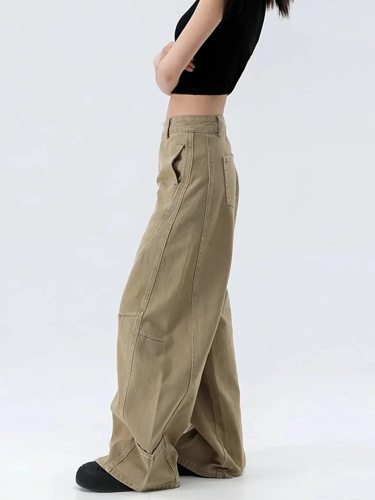 Американские широкие джинсы с высокой талией, женские свободные прямые брюки длиной до пола, лоскутный дизайн, осень, большие размеры 
Американские широкие джинсы с высокой талией, женские свободные прямые брюки длиной до пола, лоскутный дизайн, осень, большие размеры