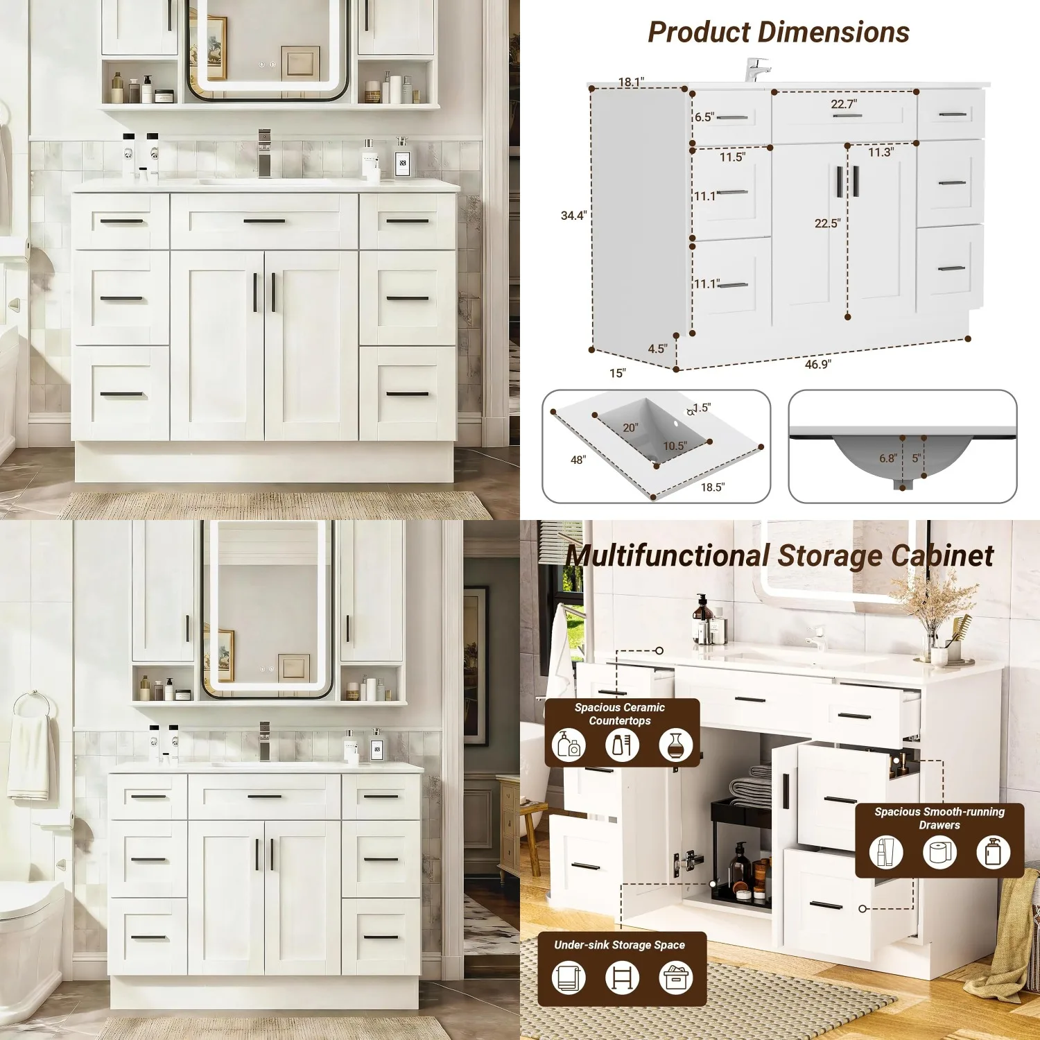 48in Freestanding Bathroom Vanity,White Cabinet,Ceramic Sink,6 Soft-Close Drawers,Thickened Construction,Customized
48in Freestanding Bathroom Vanity,White Cabinet,Ceramic Sink,6 Soft-Close Drawers,Thickened Construction,Customized