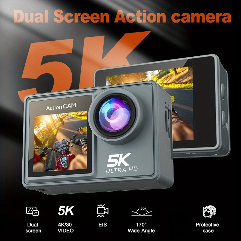5K Ultra HD Action Camera With Dual Front And Back Screen, 170° Wide Angle Lens, 30FPS 24MP, EIS Stabilization 4X Digital Zoom
5K Ultra HD Action Camera With Dual Front And Back Screen, 170° Wide Angle Lens, 30FPS 24MP, EIS Stabilization 4X Digital Zoom