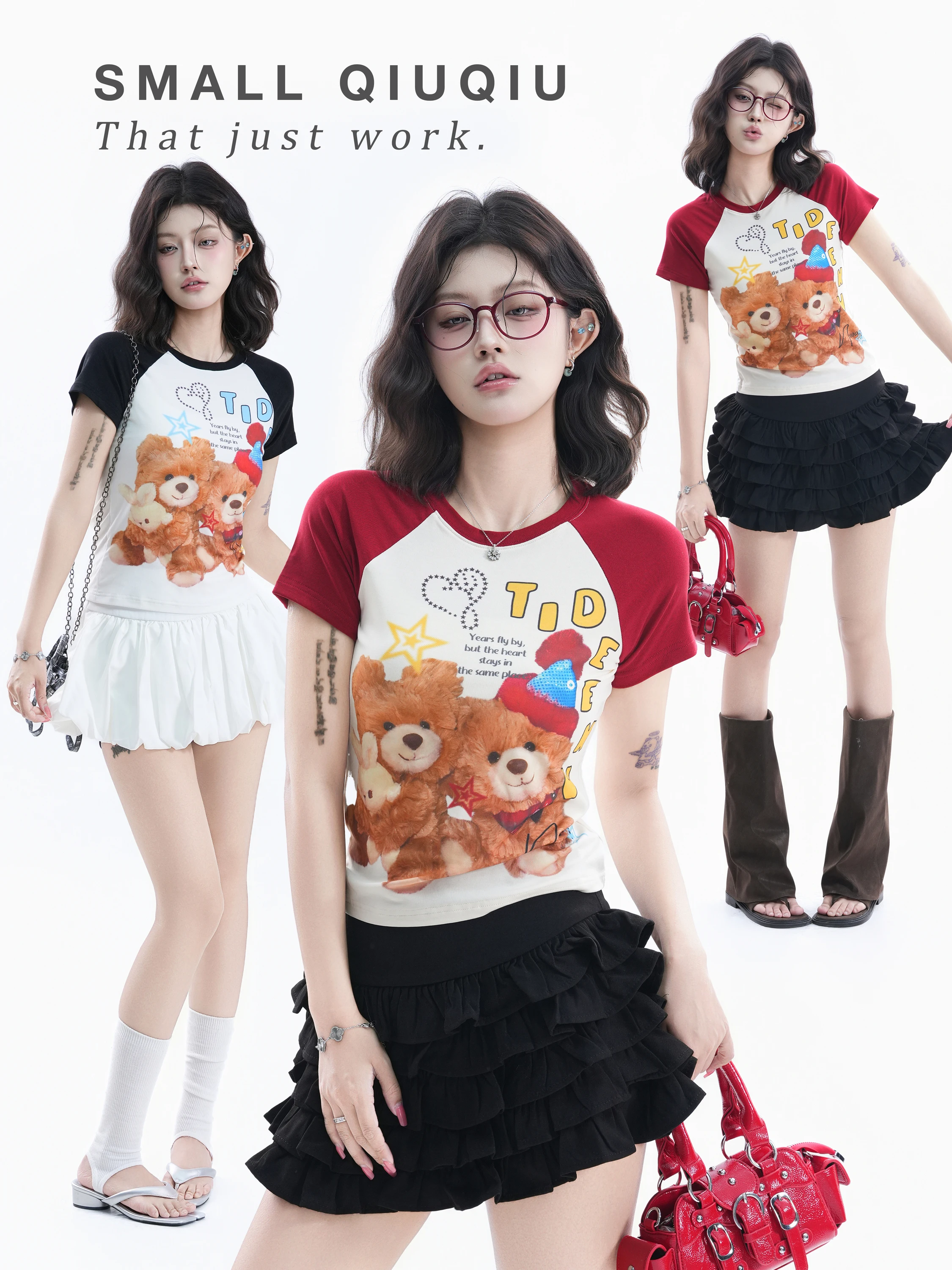 Sweet Cool Spicy Girl American Street Style Short Sleeve T-Shirt Women Summer Small Bear Print Shoulder Insert Slim Fit Top
Sweet Cool Spicy Girl American Street Style Short Sleeve T-Shirt Women Summer Small Bear Print Shoulder Insert Slim Fit Top