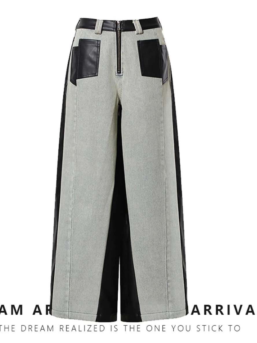 High Waist Wide Leg Pants Autumn Winter Street Style Show off American Color Block Loose Fitting PU Leather Denim Jeans Women
High Waist Wide Leg Pants Autumn Winter Street Style Show off American Color Block Loose Fitting PU Leather Denim Jeans Women